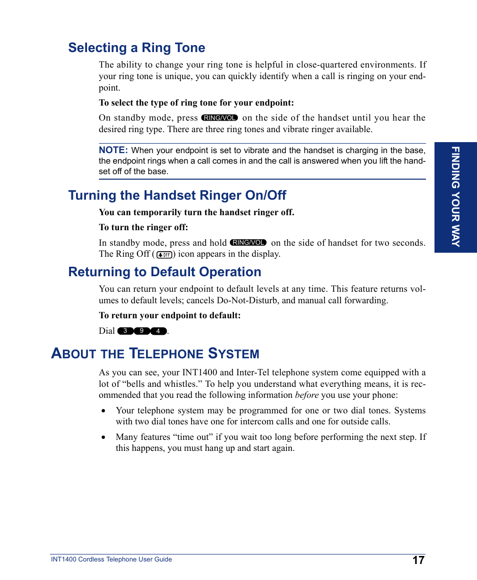 Selecting a ring tone, Turning the handset ringer on/off, Returning to default operation | About the telephone system, Bout, Elephone, Ystem | Inter-Tel INT1400 User Manual | Page 29 / 44