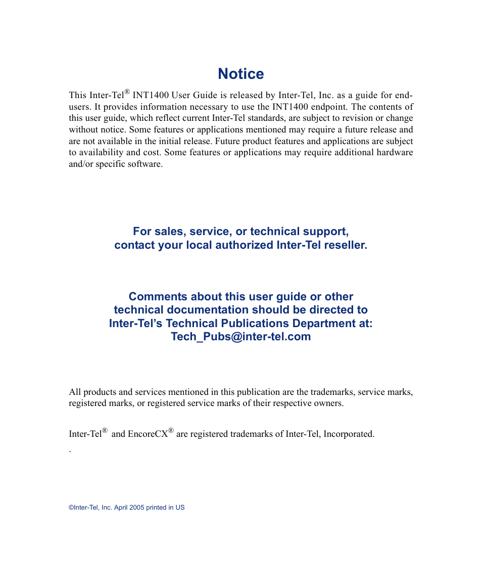 Notice | Inter-Tel INT1400 User Manual | Page 3 / 44