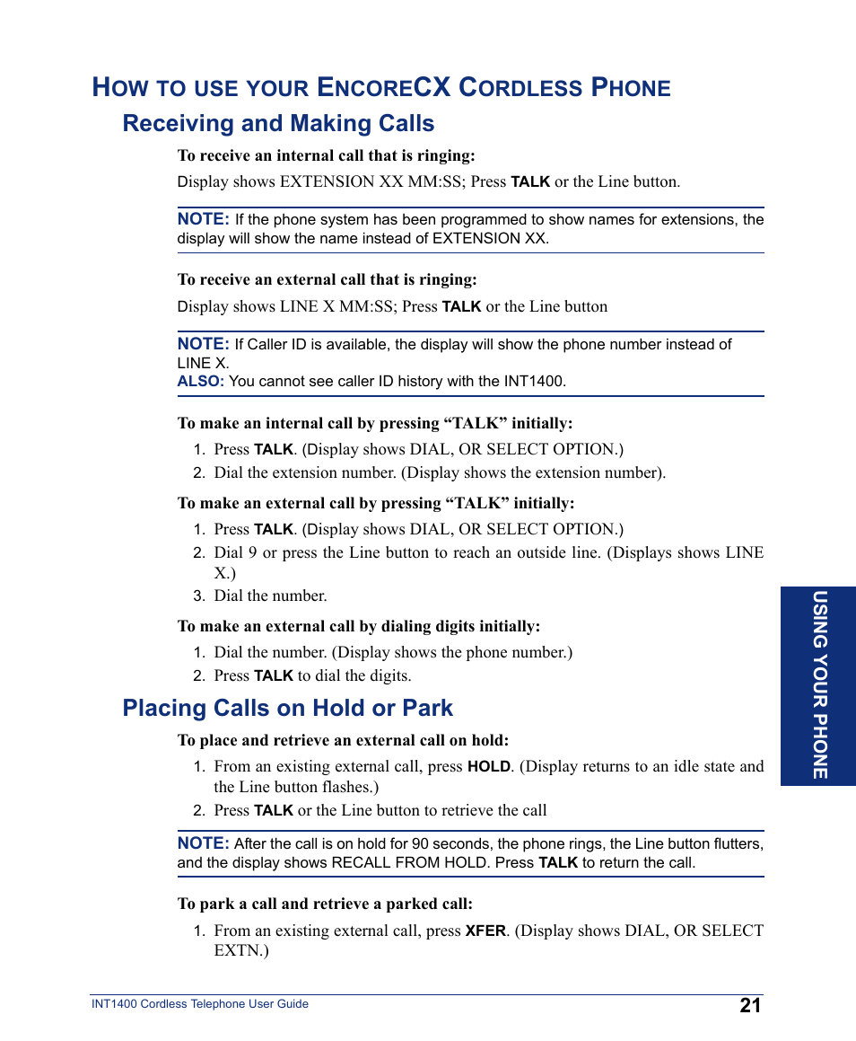 How to use your encorecx cordless phone, Receiving and making calls, Placing calls on hold or park | Cx c, Your, Ncore, Ordless, Hone | Inter-Tel INT1400 User Manual | Page 33 / 44