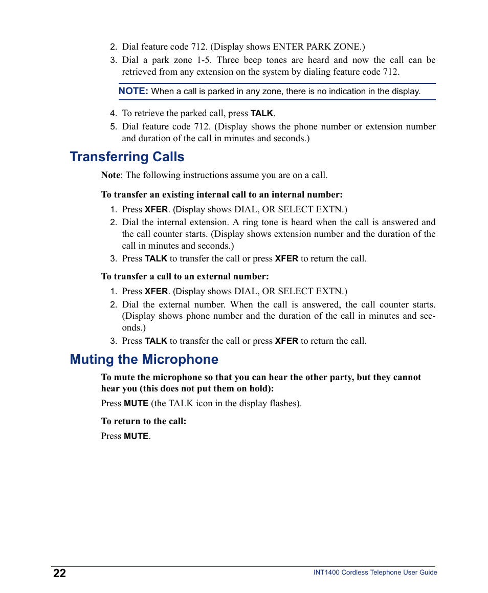 Transferring calls, Muting the microphone, Transferring calls muting the microphone | Inter-Tel INT1400 User Manual | Page 34 / 44