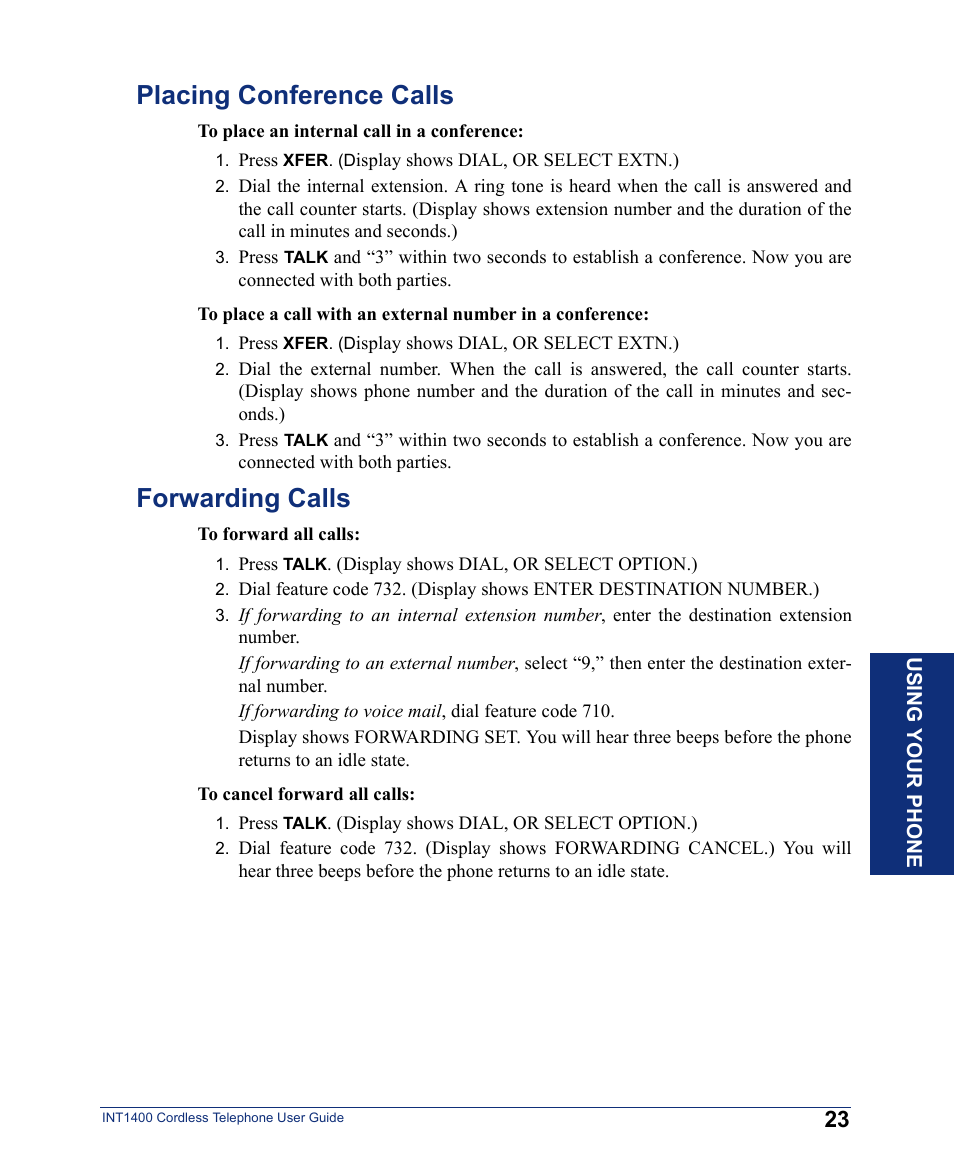Placing conference calls, Forwarding calls, Placing conference calls forwarding calls | Inter-Tel INT1400 User Manual | Page 35 / 44
