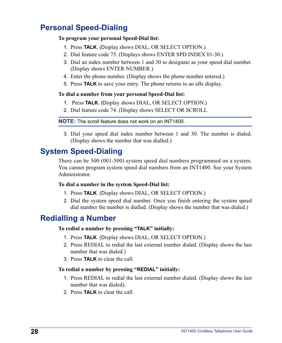 Personal speed-dialing, System speed-dialing, Redialling a number | Inter-Tel INT1400 User Manual | Page 40 / 44