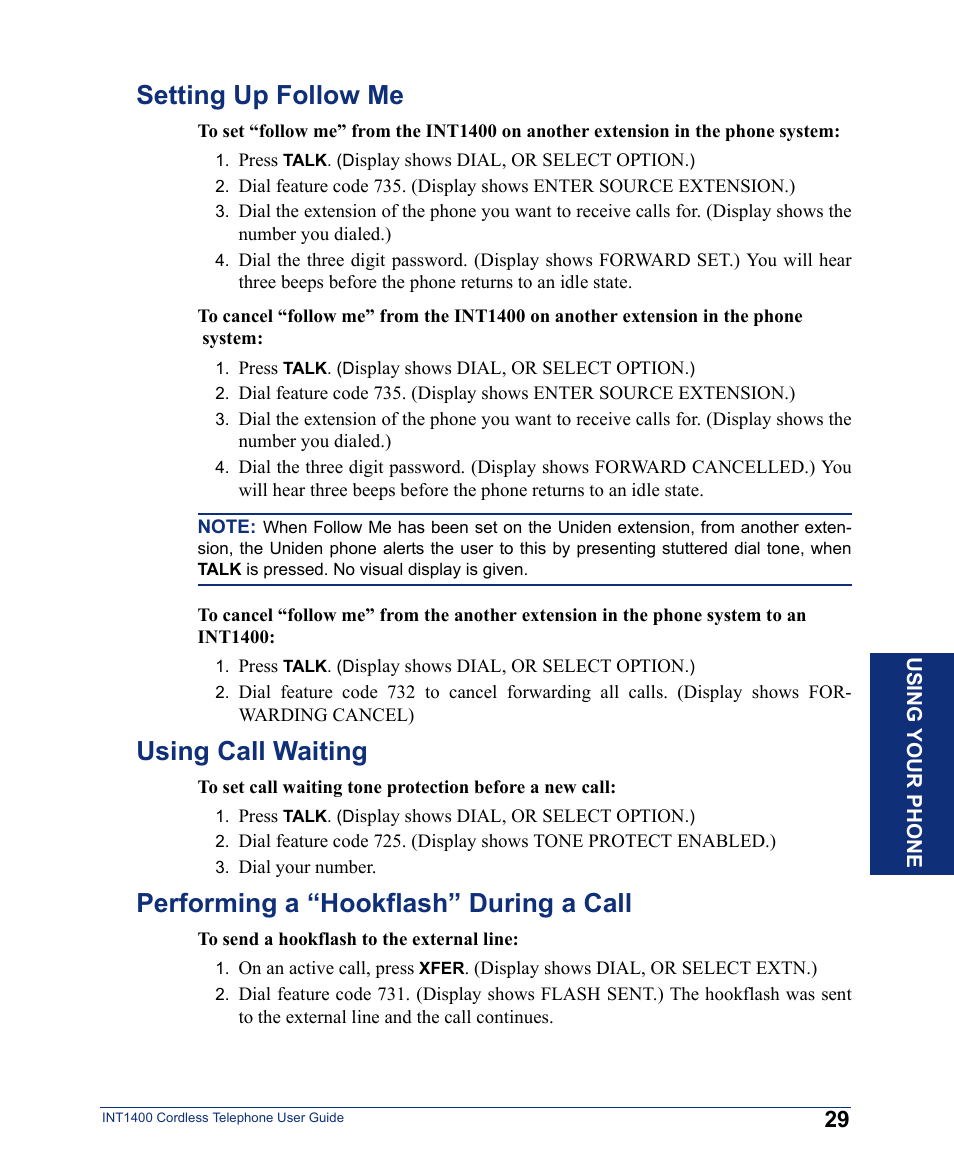 Setting up follow me, Using call waiting, Performing a “hookflash” during a call | Inter-Tel INT1400 User Manual | Page 41 / 44