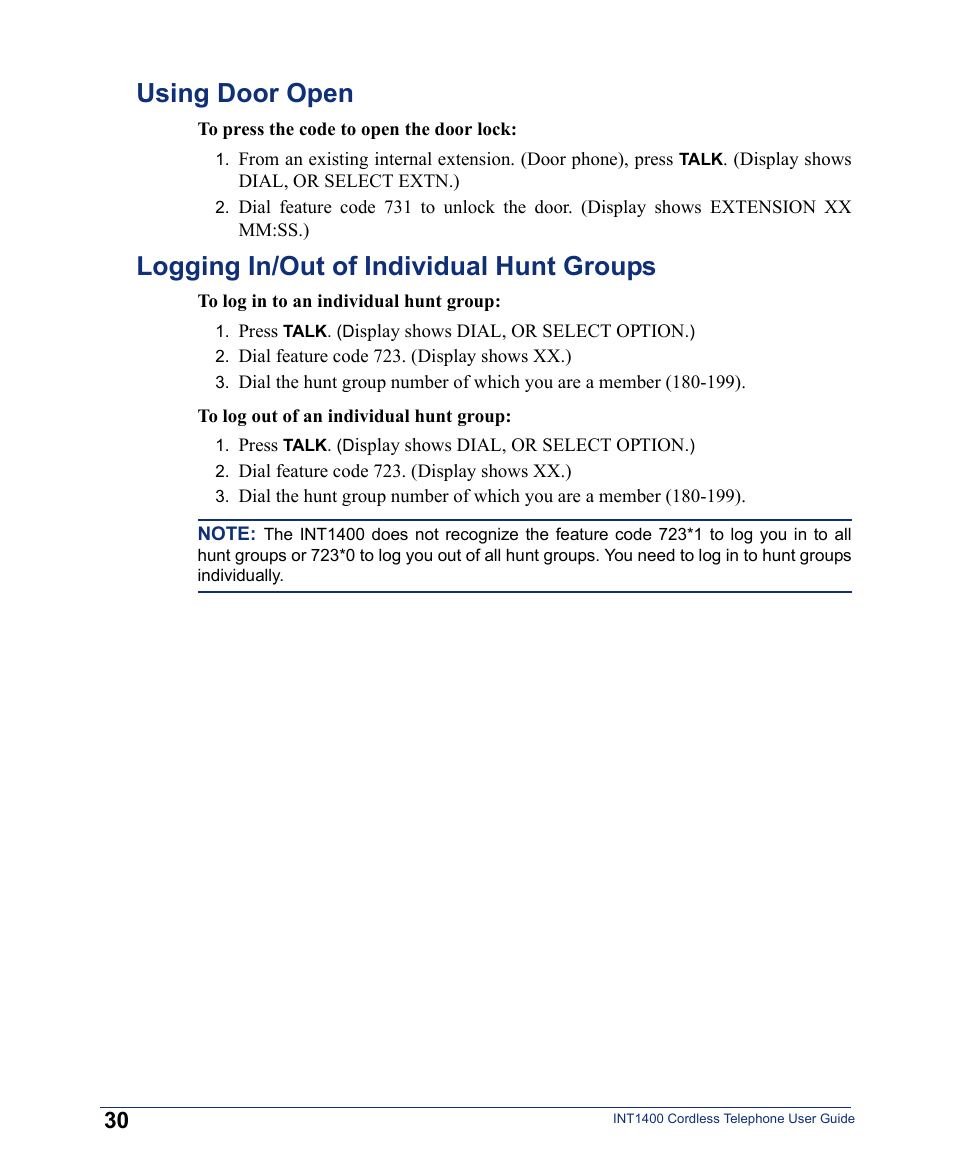 Using door open, Logging in/out of individual hunt groups | Inter-Tel INT1400 User Manual | Page 42 / 44