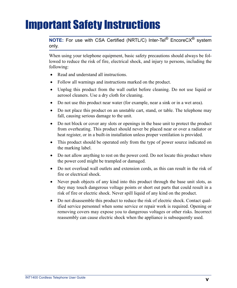 Important safety instructions | Inter-Tel INT1400 User Manual | Page 7 / 44