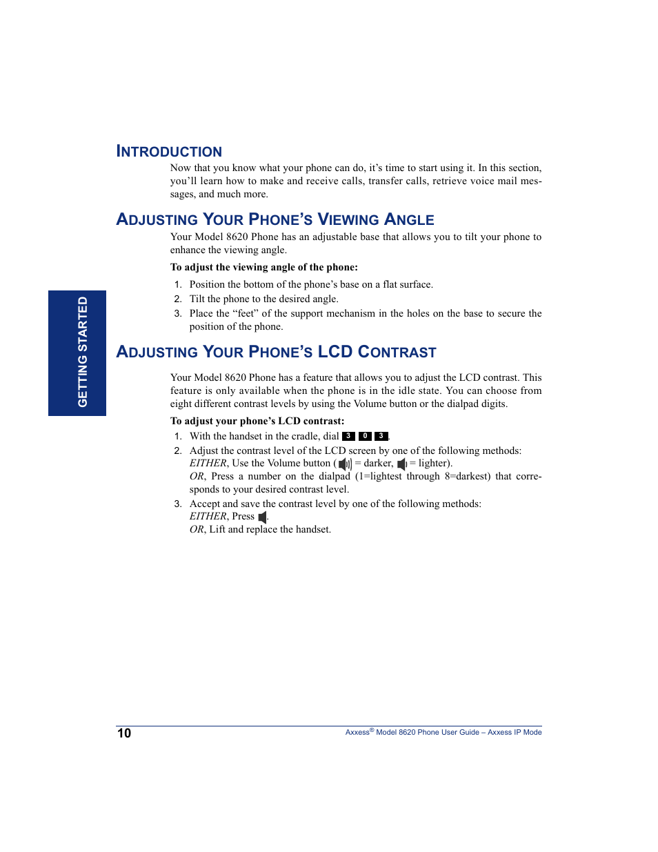 Introduction, Adjusting your phone’s viewing angle, Adjusting your phone’s lcd contrast | Lcd c | Inter-Tel AXXESS IP MODE 8620 User Manual | Page 20 / 88