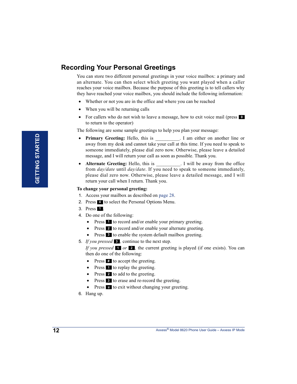 Recording your personal greetings | Inter-Tel AXXESS IP MODE 8620 User Manual | Page 22 / 88