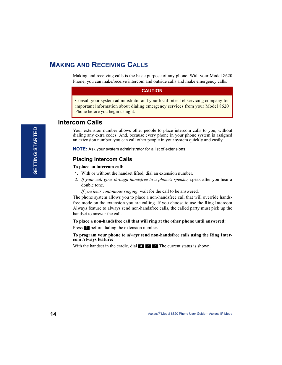 Making and receiving calls, Intercom calls | Inter-Tel AXXESS IP MODE 8620 User Manual | Page 24 / 88