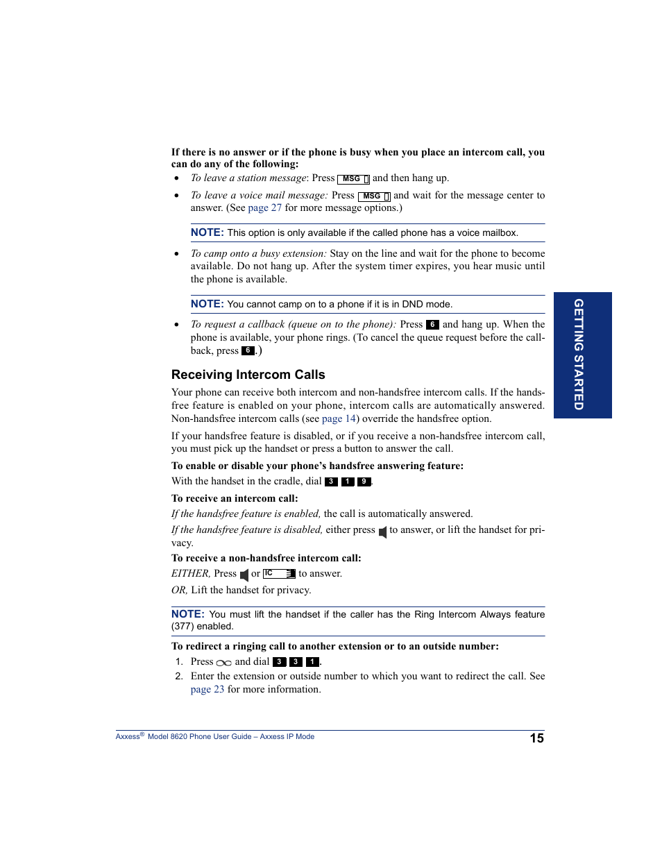 Receiving intercom calls | Inter-Tel AXXESS IP MODE 8620 User Manual | Page 25 / 88