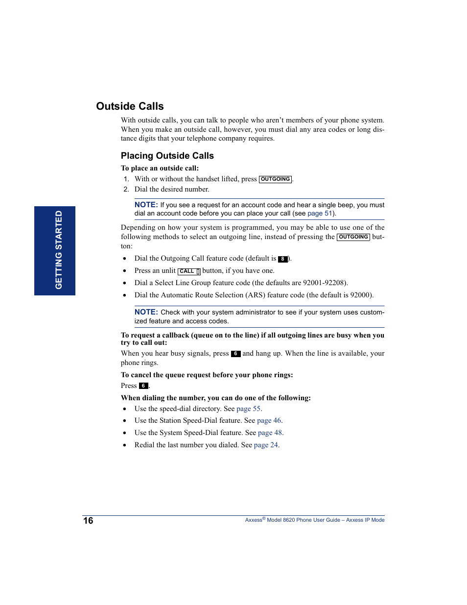 Outside calls, Placing outside calls | Inter-Tel AXXESS IP MODE 8620 User Manual | Page 26 / 88