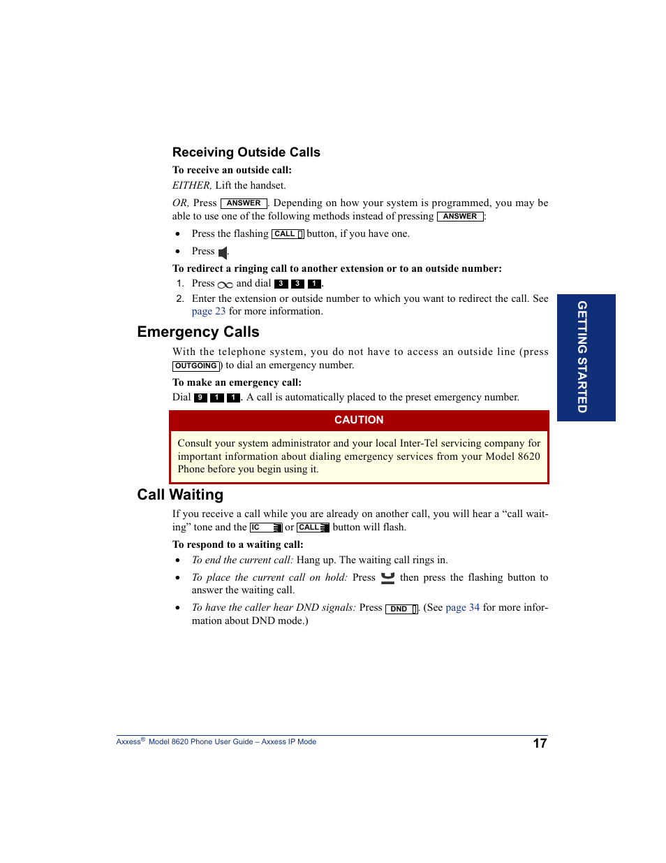 Emergency calls, Call waiting, Emergency calls call waiting | Receiving outside calls | Inter-Tel AXXESS IP MODE 8620 User Manual | Page 27 / 88