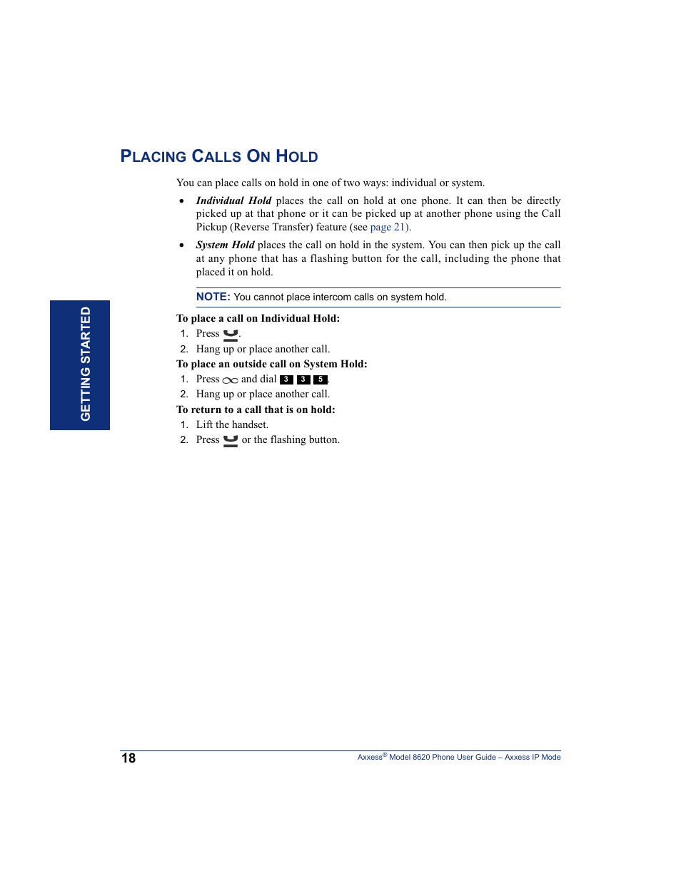 Placing calls on hold | Inter-Tel AXXESS IP MODE 8620 User Manual | Page 28 / 88