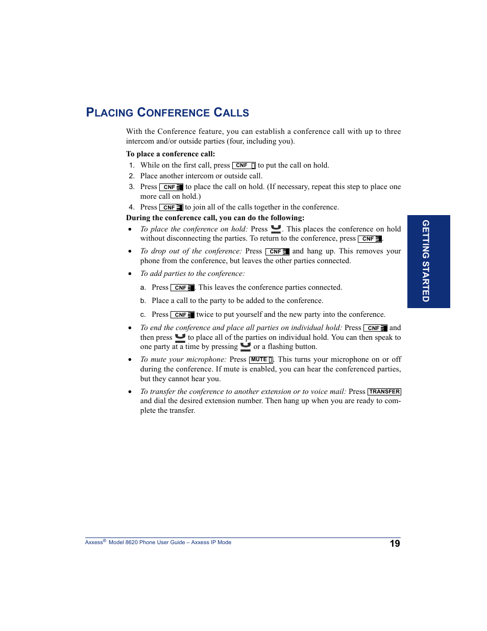 Placing conference calls, Lacing, Onference | Alls | Inter-Tel AXXESS IP MODE 8620 User Manual | Page 29 / 88