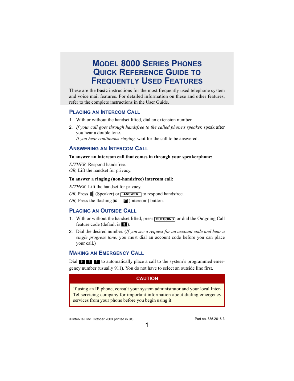 Quick reference guide to frequently used features, 8000 s, Odel | Eries, Hones, Uick, Eference, Uide, Requently, Eatures | Inter-Tel AXXESS IP MODE 8620 User Manual | Page 3 / 88