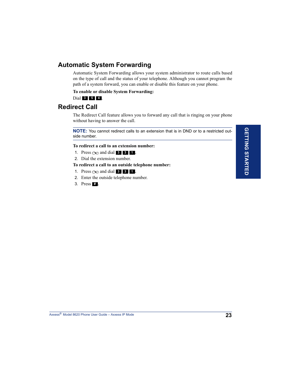 Automatic system forwarding, Redirect call, Automatic system forwarding redirect call | Inter-Tel AXXESS IP MODE 8620 User Manual | Page 33 / 88