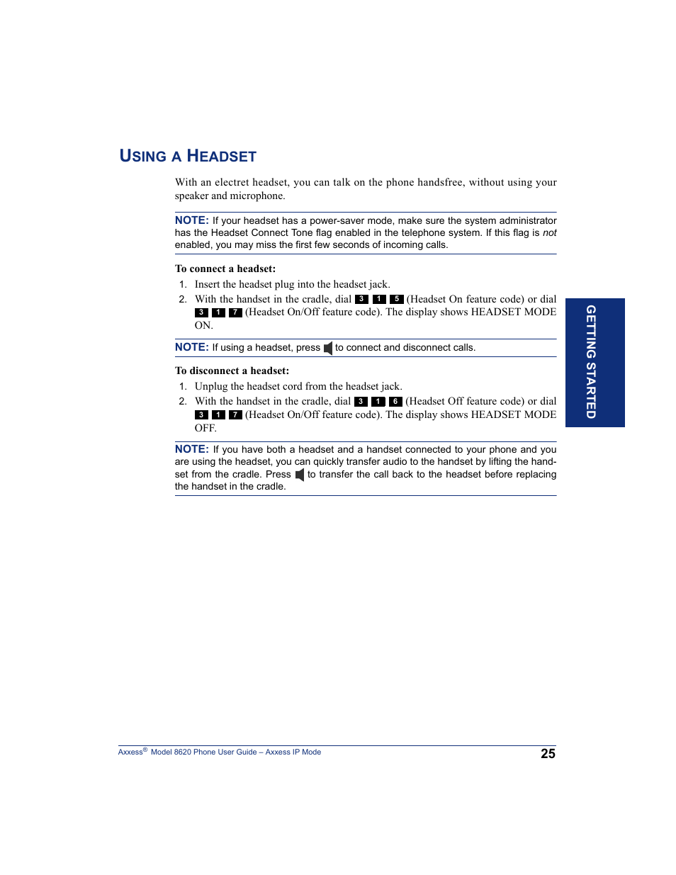 Using a headset, Sing, Eadset | Inter-Tel AXXESS IP MODE 8620 User Manual | Page 35 / 88