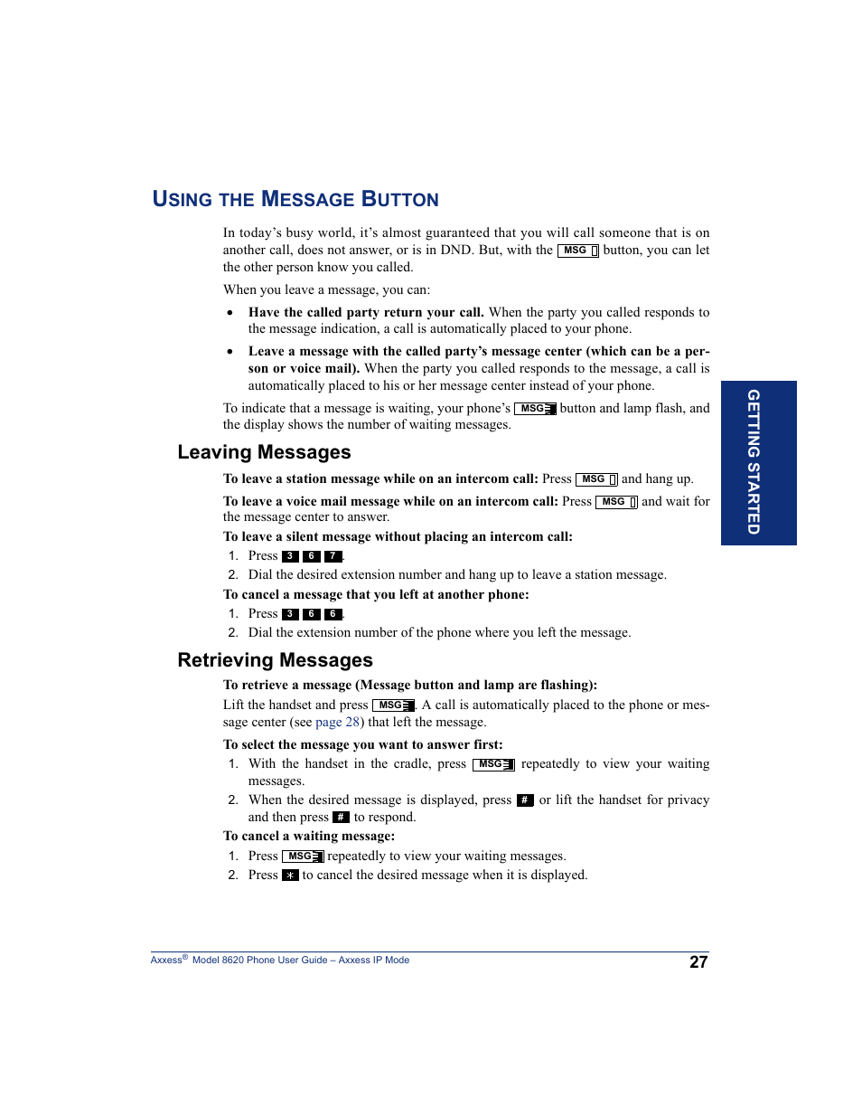 Using the message button, Leaving messages, Retrieving messages | Leaving messages retrieving messages, Sing, Essage, Utton | Inter-Tel AXXESS IP MODE 8620 User Manual | Page 37 / 88