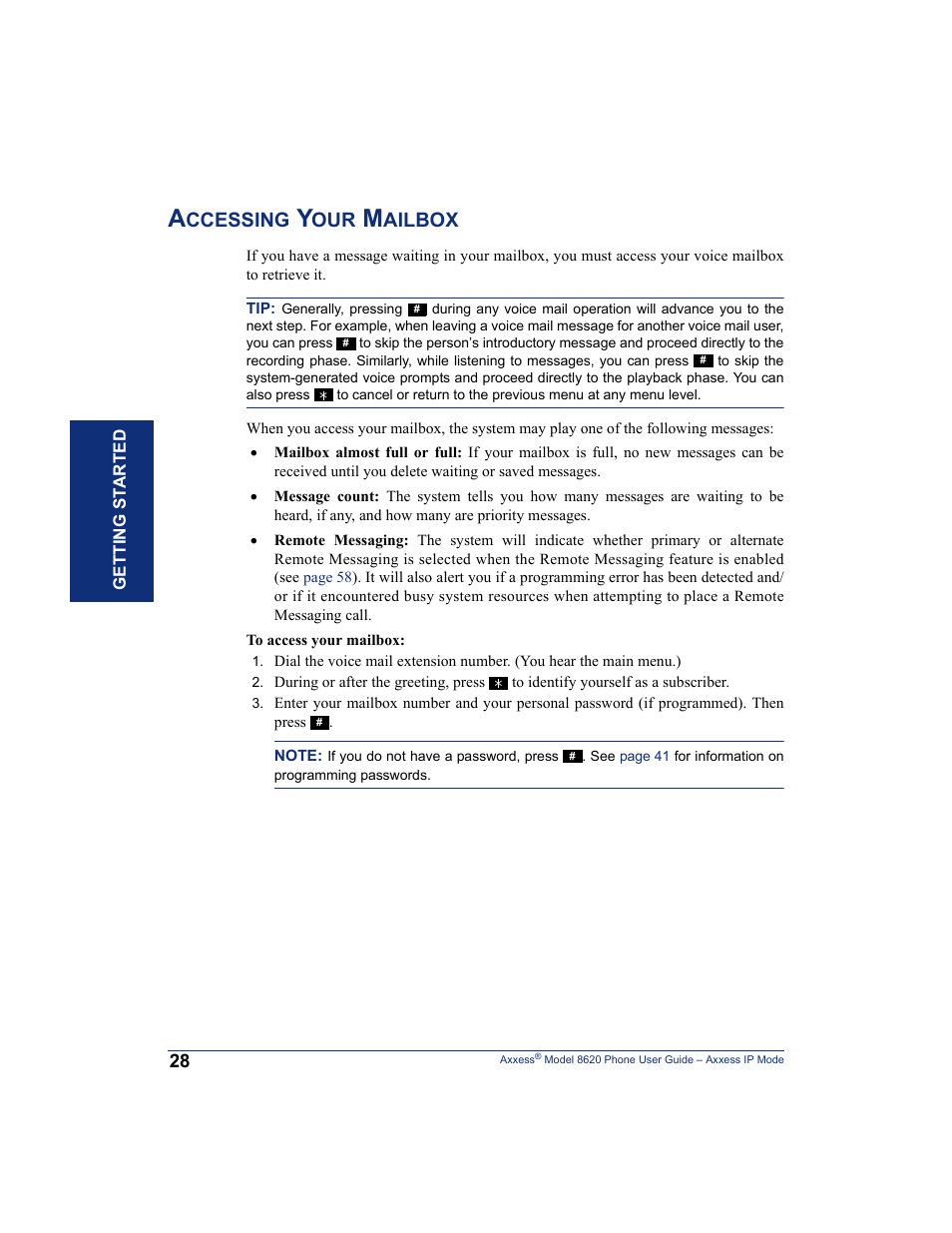 Accessing your mailbox, Ccessing, Ailbox | Inter-Tel AXXESS IP MODE 8620 User Manual | Page 38 / 88