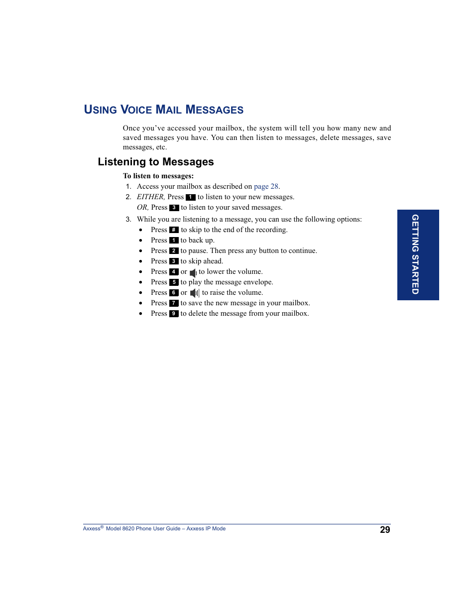 Using voice mail messages, Listening to messages, Sing | Oice, Essages | Inter-Tel AXXESS IP MODE 8620 User Manual | Page 39 / 88