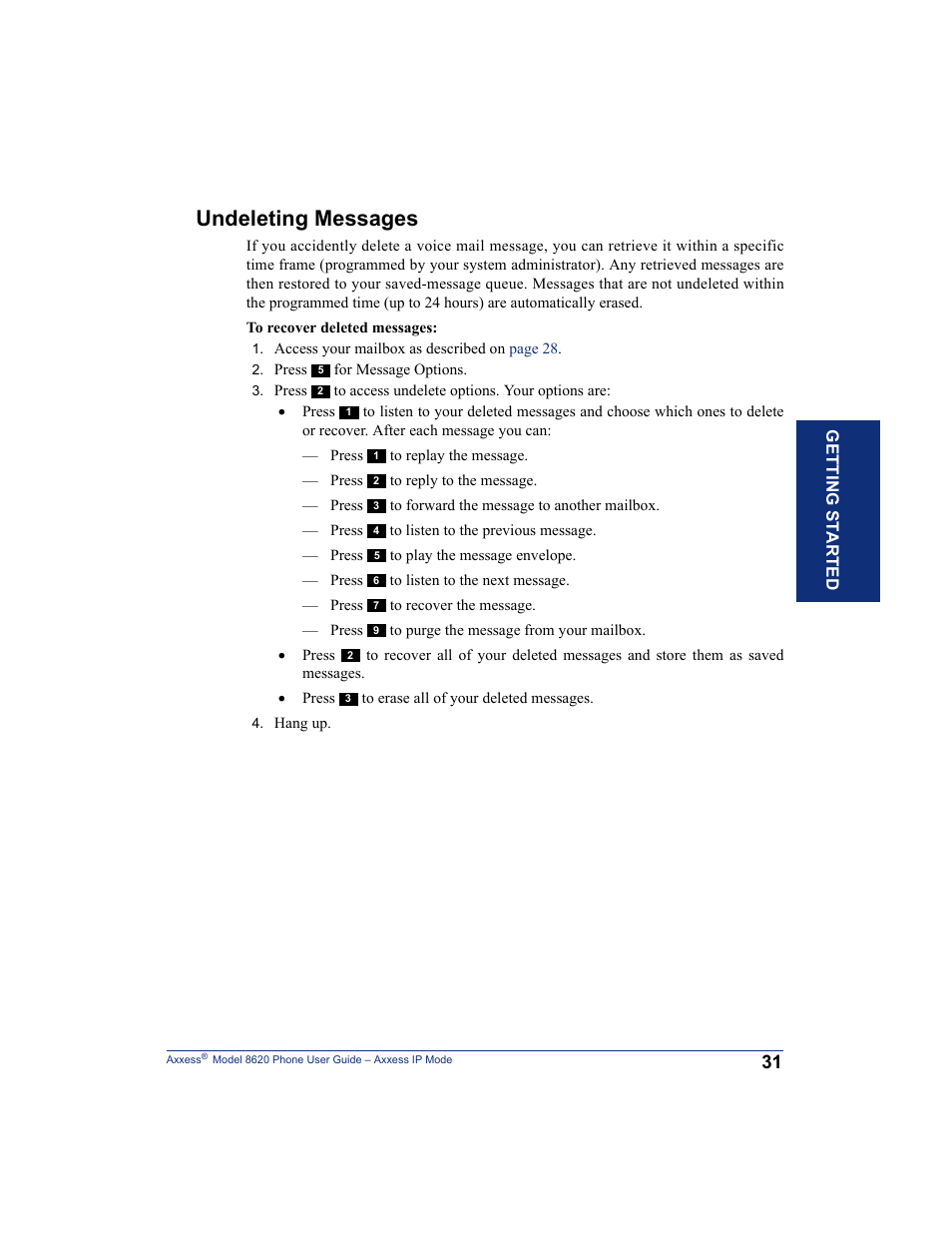 Undeleting messages | Inter-Tel AXXESS IP MODE 8620 User Manual | Page 41 / 88