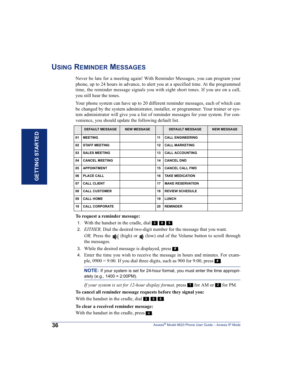 Using reminder messages, Sing, Eminder | Essages, Getting s t ar te d | Inter-Tel AXXESS IP MODE 8620 User Manual | Page 46 / 88