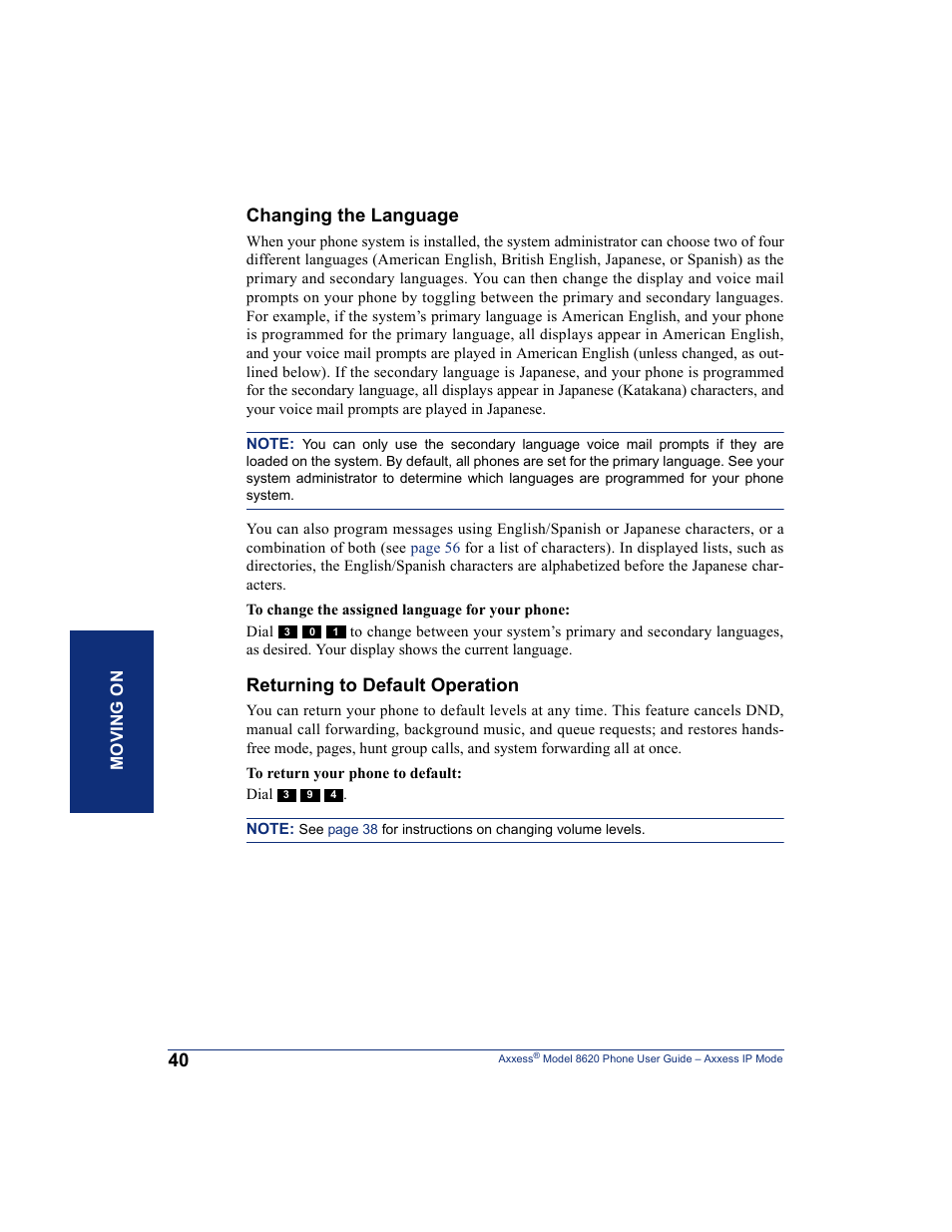 Changing the language, Returning to default operation | Inter-Tel AXXESS IP MODE 8620 User Manual | Page 50 / 88