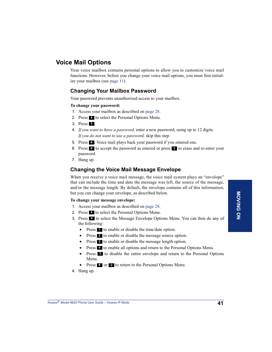 Voice mail options, For inform, Changing your mailbox password | Changing the voice mail message envelope | Inter-Tel AXXESS IP MODE 8620 User Manual | Page 51 / 88