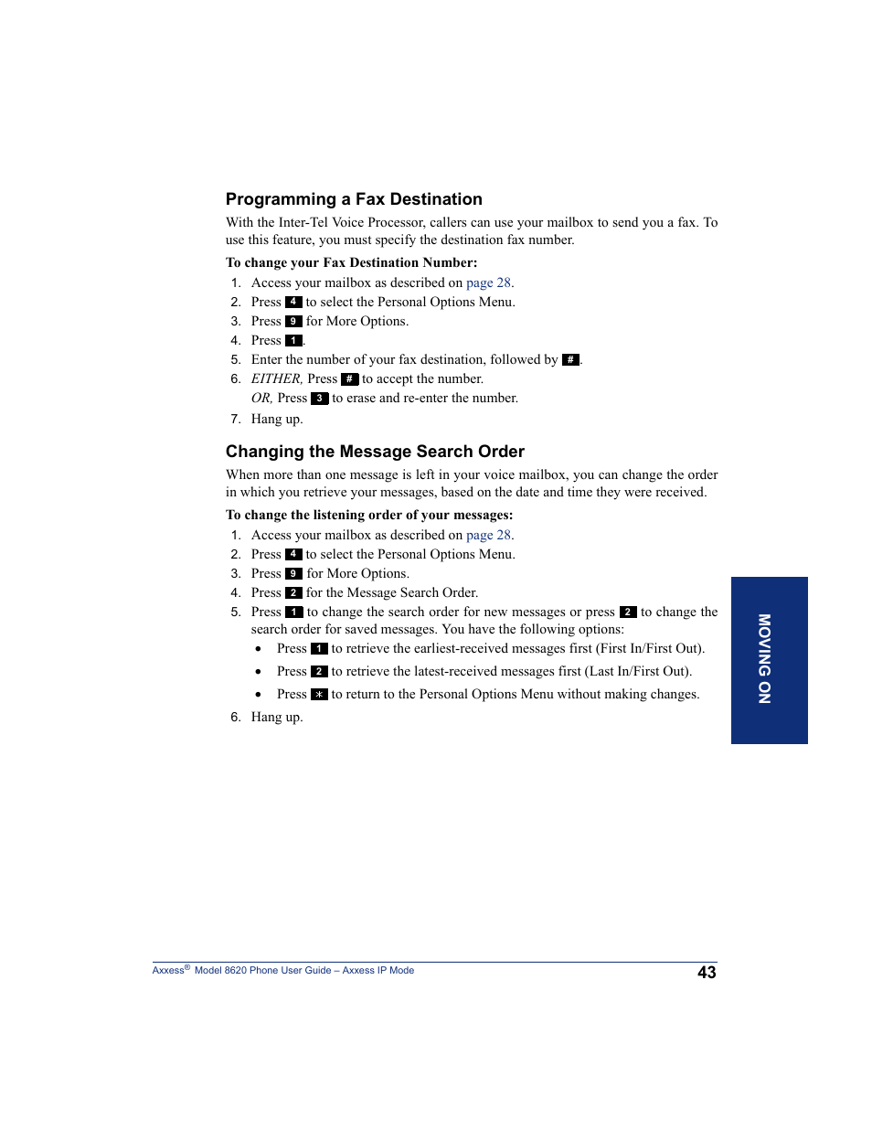 Programming a fax destination, Changing the message search order | Inter-Tel AXXESS IP MODE 8620 User Manual | Page 53 / 88