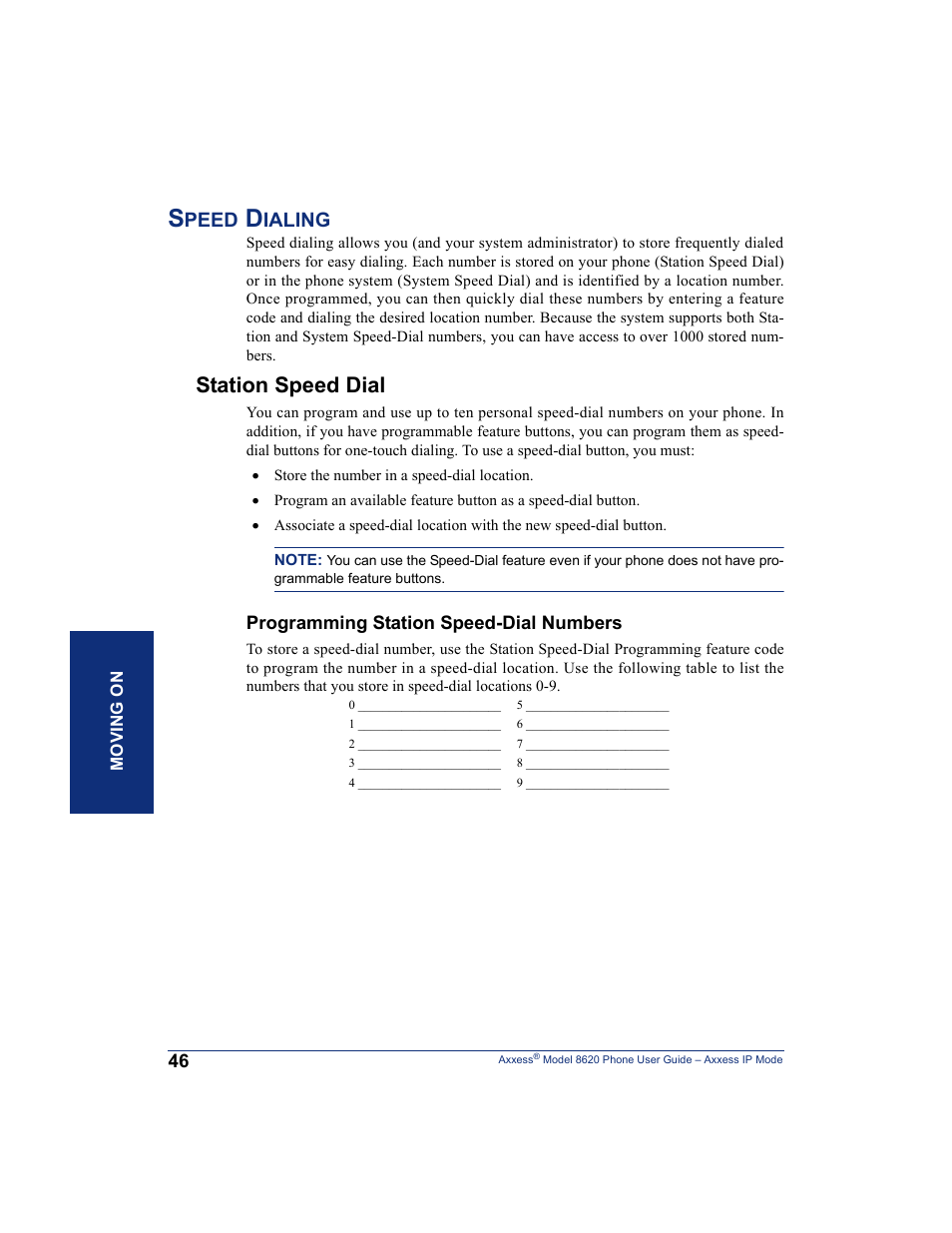 Speed dialing, Station speed dial | Inter-Tel AXXESS IP MODE 8620 User Manual | Page 56 / 88