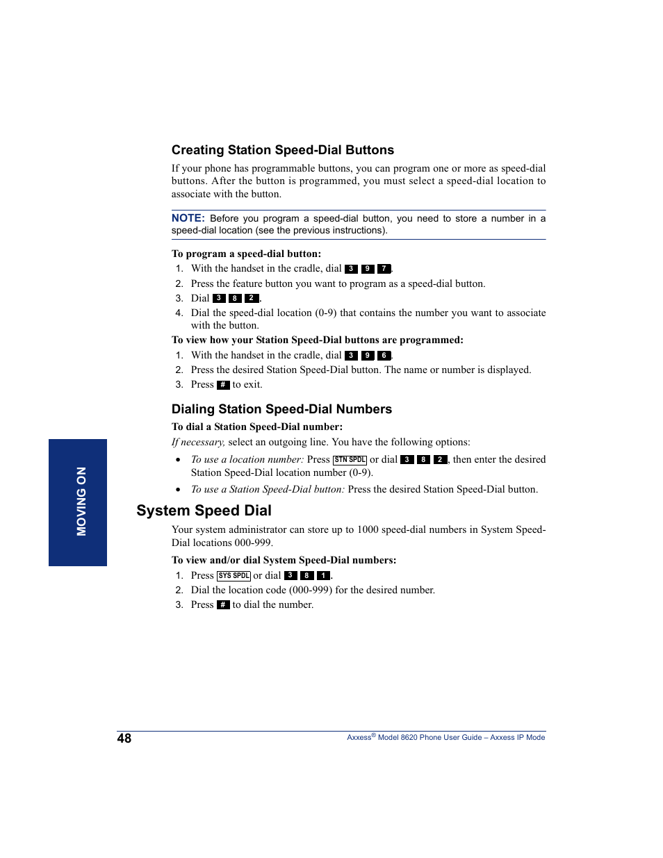 System speed dial, Creating station speed-dial buttons, Dialing station speed-dial numbers | Inter-Tel AXXESS IP MODE 8620 User Manual | Page 58 / 88