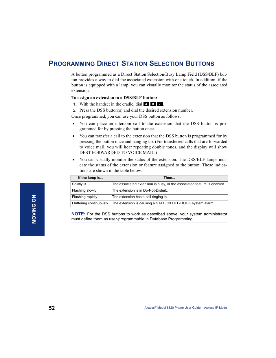 Programming direct station selection buttons, Rogramming, Irect | Tation, Election, Uttons | Inter-Tel AXXESS IP MODE 8620 User Manual | Page 62 / 88