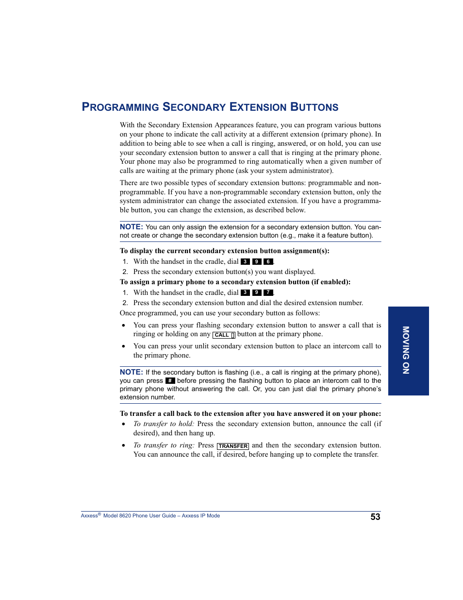 Programming secondary extension buttons, Rogramming, Econdary | Xtension, Uttons | Inter-Tel AXXESS IP MODE 8620 User Manual | Page 63 / 88