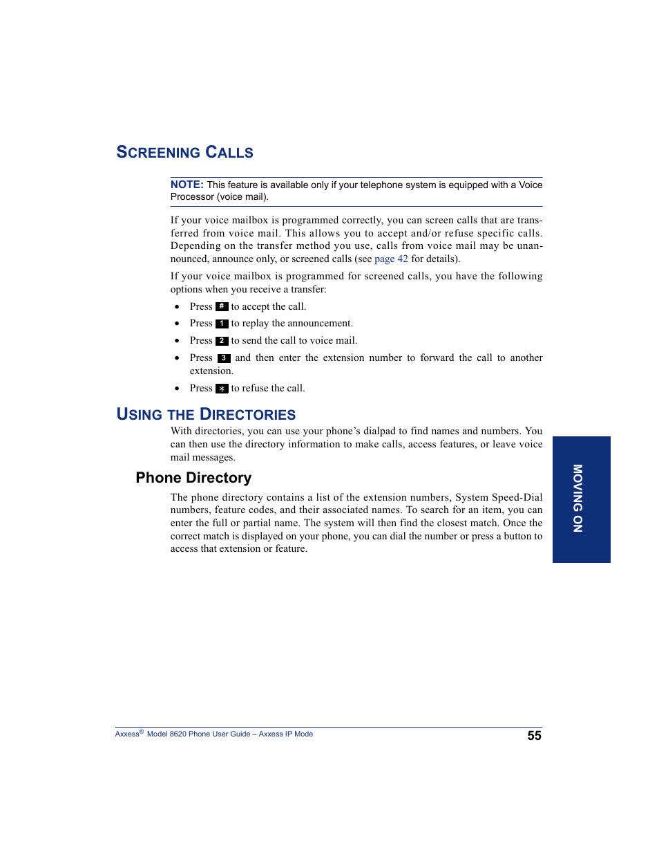 Screening calls, Using the directories, Phone directory | Screening calls using the directories | Inter-Tel AXXESS IP MODE 8620 User Manual | Page 65 / 88