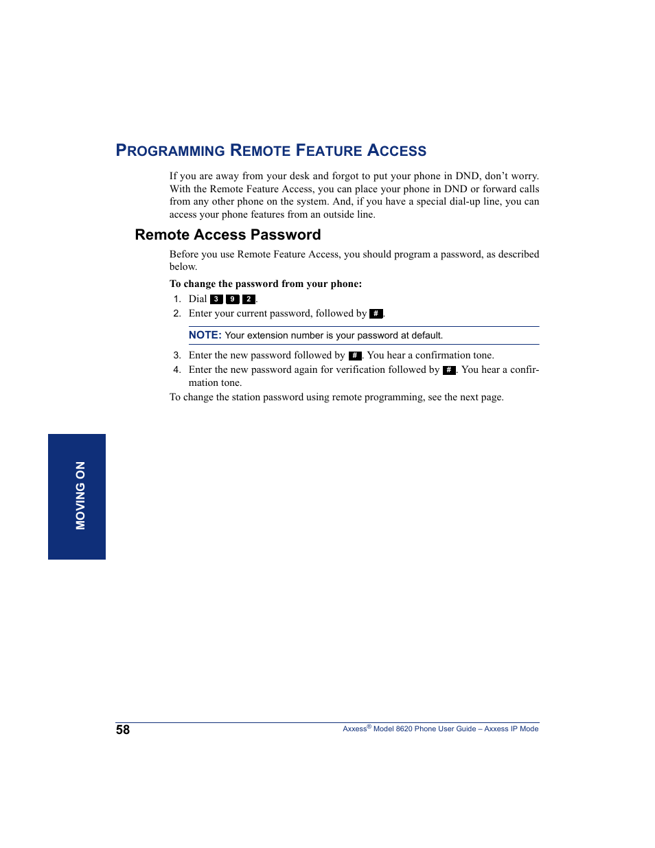 Programming remote feature access, Remote access password, Rogramming | Emote, Eature, Ccess | Inter-Tel AXXESS IP MODE 8620 User Manual | Page 68 / 88