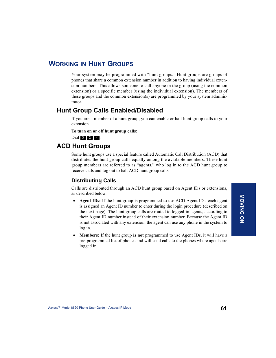 Working in hunt groups, Hunt group calls enabled/disabled, Acd hunt groups | Hunt group calls enabled/disabled acd hunt groups | Inter-Tel AXXESS IP MODE 8620 User Manual | Page 71 / 88