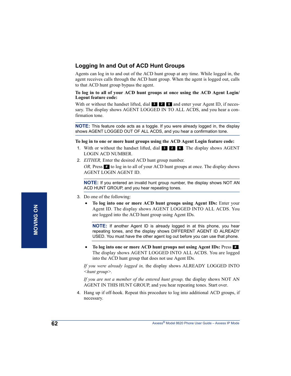 Logging in and out of acd hunt groups | Inter-Tel AXXESS IP MODE 8620 User Manual | Page 72 / 88