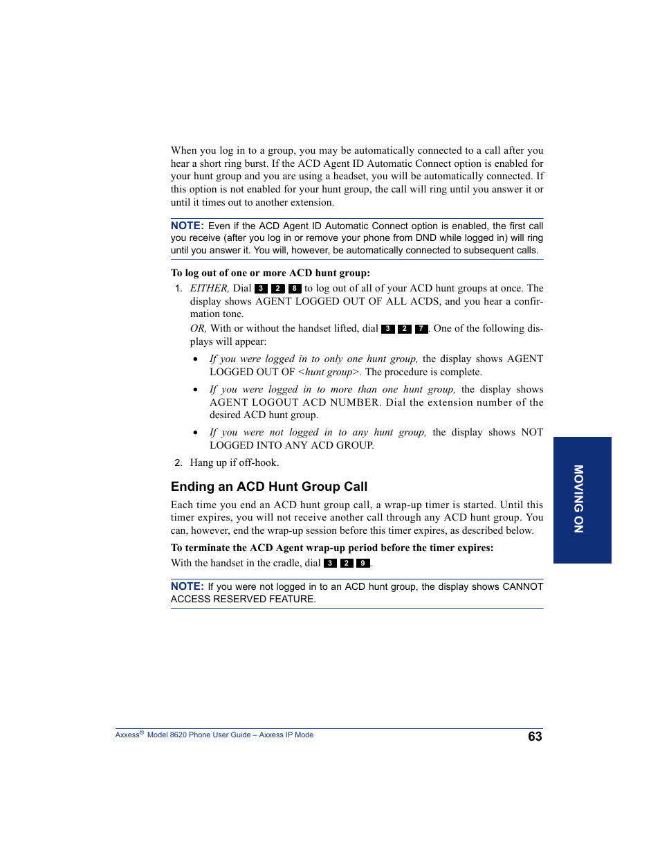 Ending an acd hunt group call | Inter-Tel AXXESS IP MODE 8620 User Manual | Page 73 / 88