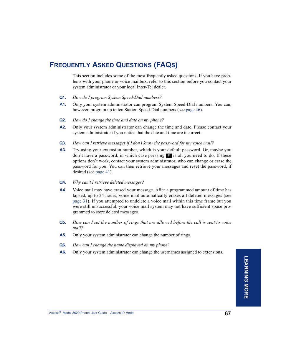 Frequently asked questions (faqs) | Inter-Tel AXXESS IP MODE 8620 User Manual | Page 77 / 88
