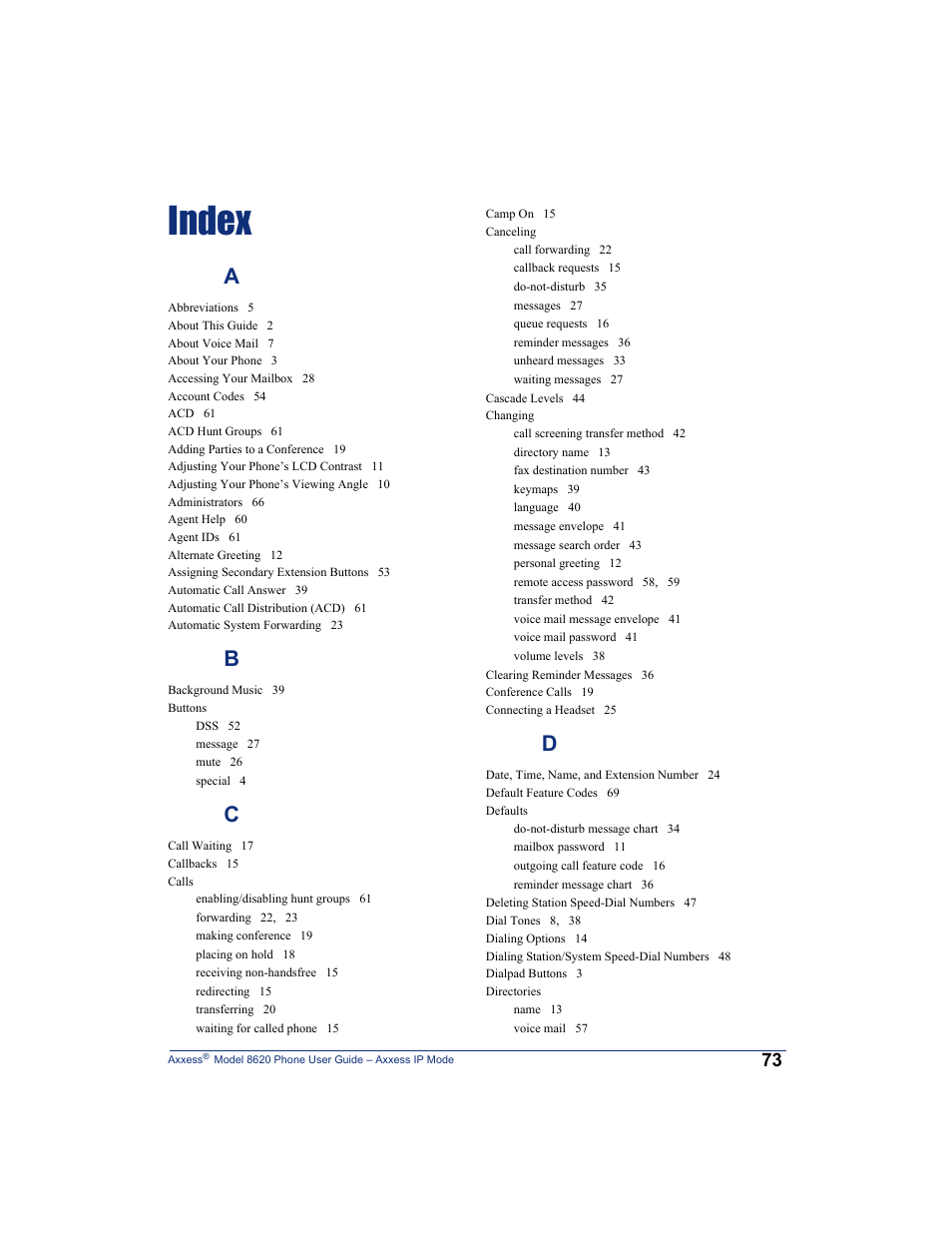 Index | Inter-Tel AXXESS IP MODE 8620 User Manual | Page 83 / 88