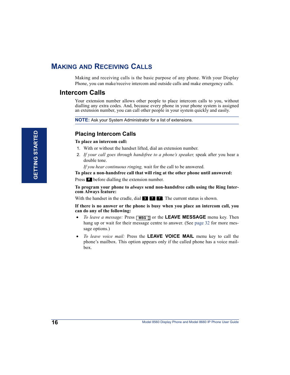 Making and receiving calls, Intercom calls | Inter-Tel AXXESS 8560 User Manual | Page 26 / 92
