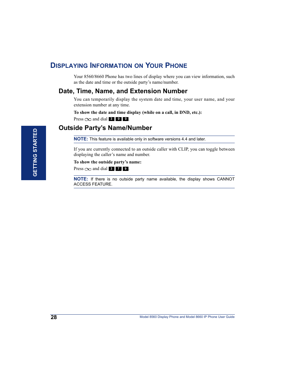 Displaying information on your phone, Date, time, name, and extension number, Outside party’s name/number | Inter-Tel AXXESS 8560 User Manual | Page 38 / 92