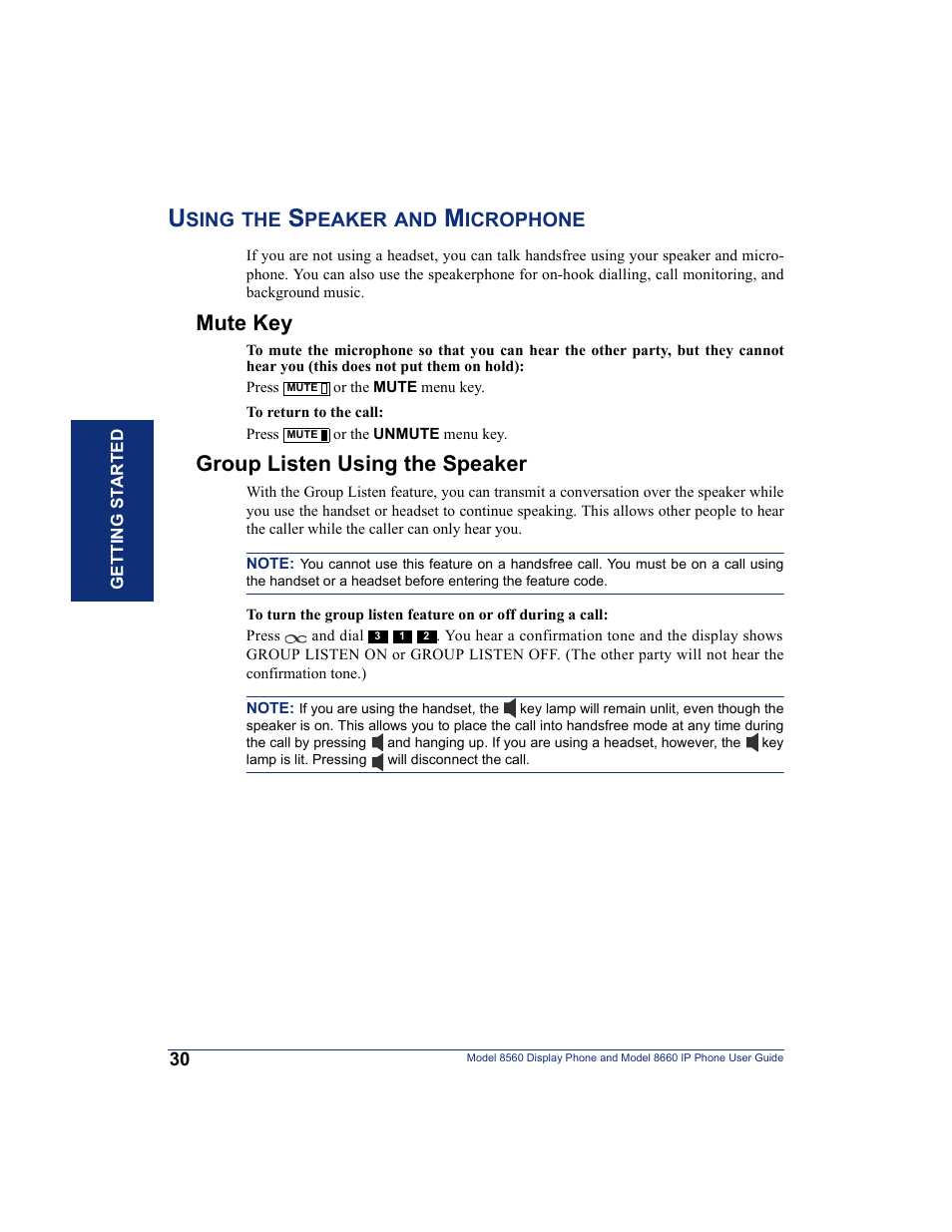 Using the speaker and microphone, Mute key, Group listen using the speaker | Inter-Tel AXXESS 8560 User Manual | Page 40 / 92
