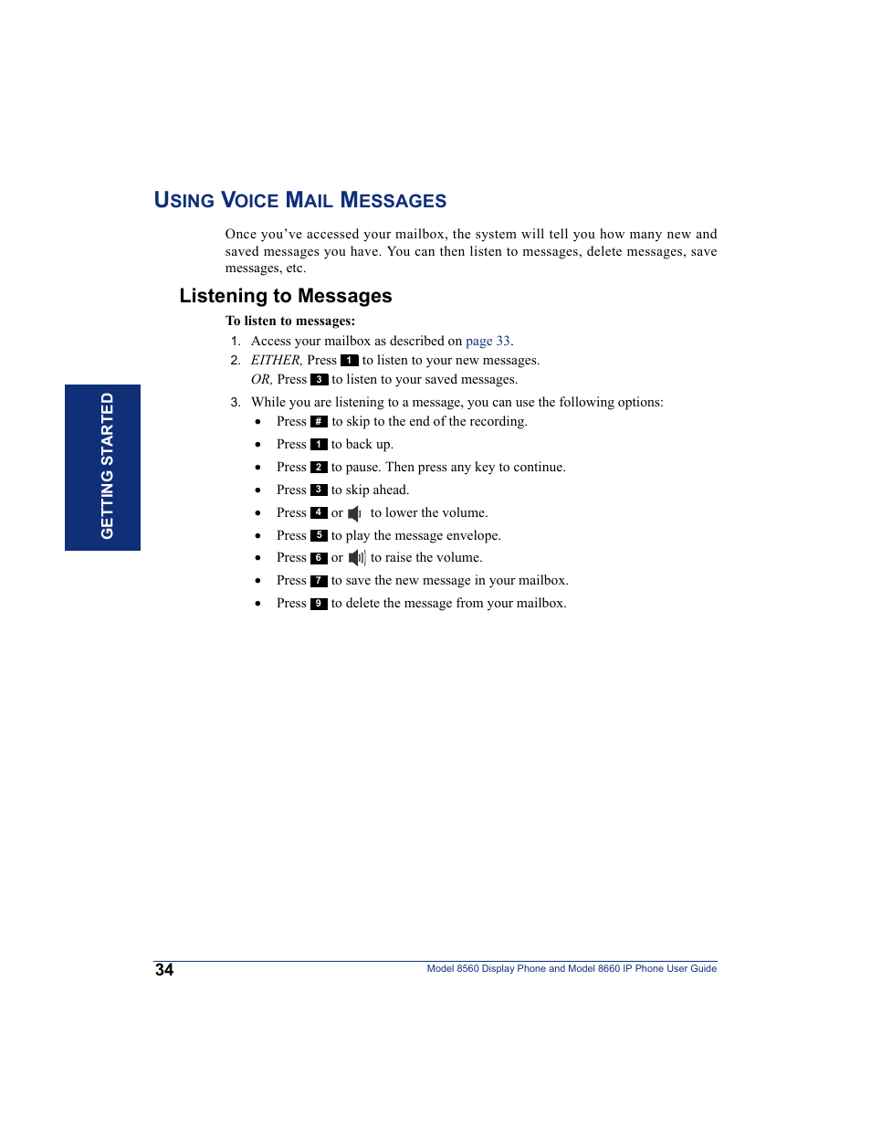 Using voice mail messages, Listening to messages, Sing | Oice, Essages | Inter-Tel AXXESS 8560 User Manual | Page 44 / 92