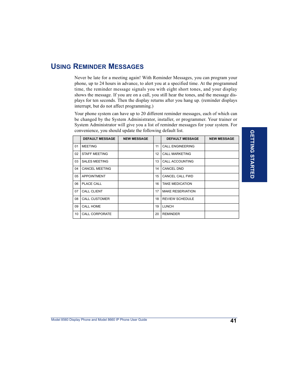 Using reminder messages, Sing, Eminder | Essages, Getting s t ar te d | Inter-Tel AXXESS 8560 User Manual | Page 51 / 92
