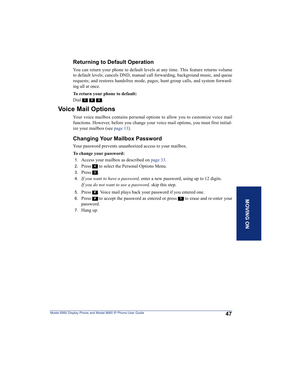 Voice mail options, Returning to default operation, Changing your mailbox password | Inter-Tel AXXESS 8560 User Manual | Page 57 / 92