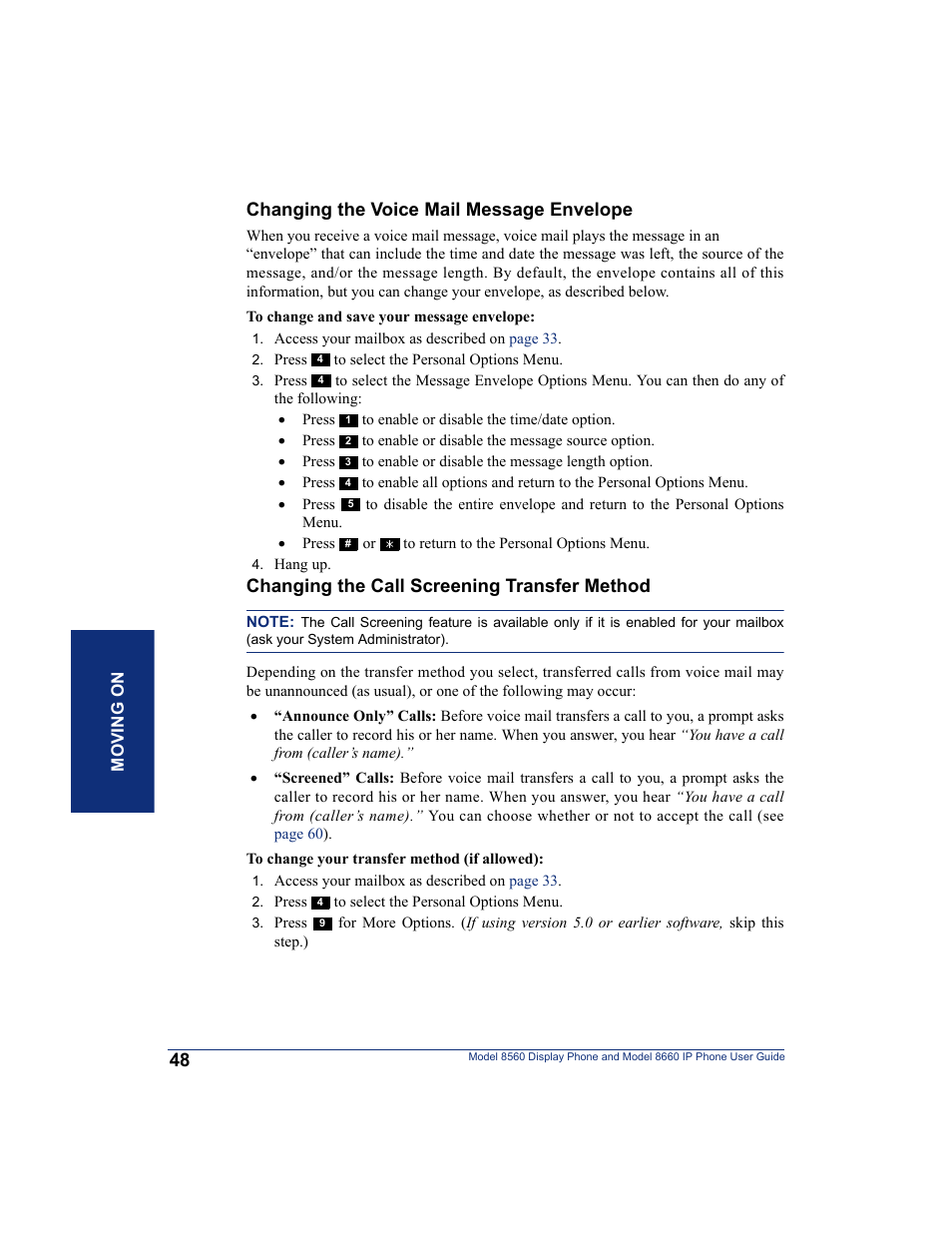 Changing the voice mail message envelope, Changing the call screening transfer method | Inter-Tel AXXESS 8560 User Manual | Page 58 / 92