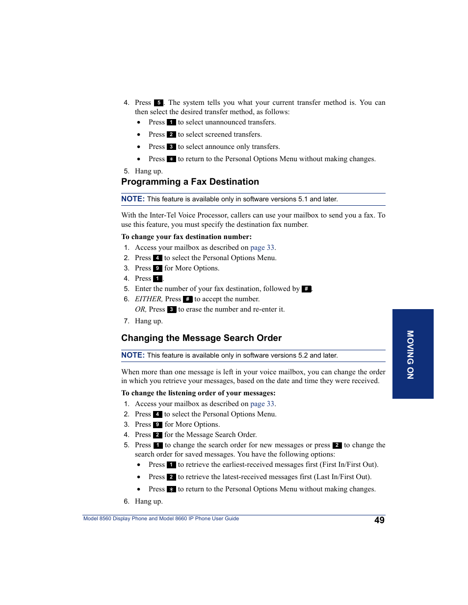 Programming a fax destination, Changing the message search order | Inter-Tel AXXESS 8560 User Manual | Page 59 / 92
