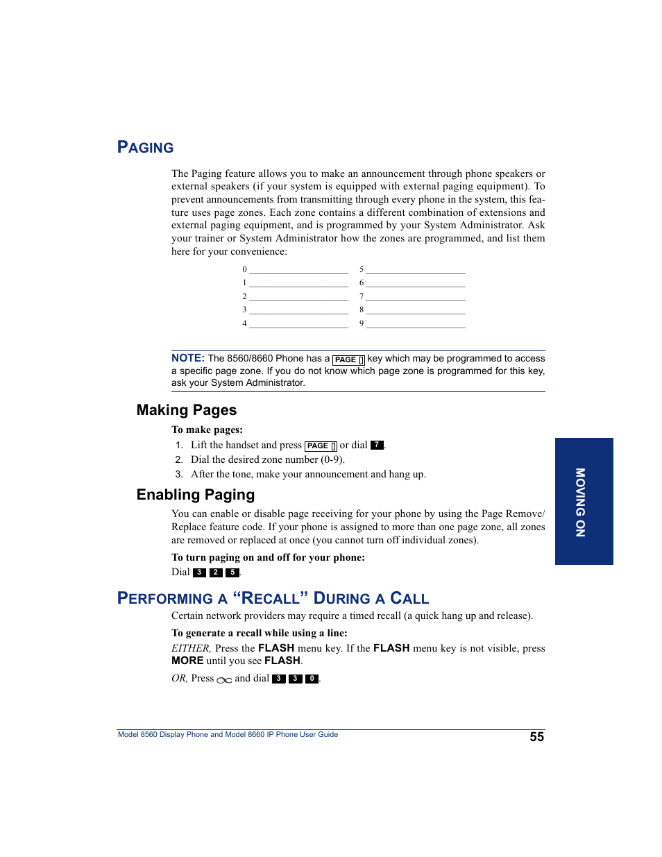 Paging, Enabling paging, Performing a “recall” during a call | Paging performing a “recall” during a call, Making pages | Inter-Tel AXXESS 8560 User Manual | Page 65 / 92