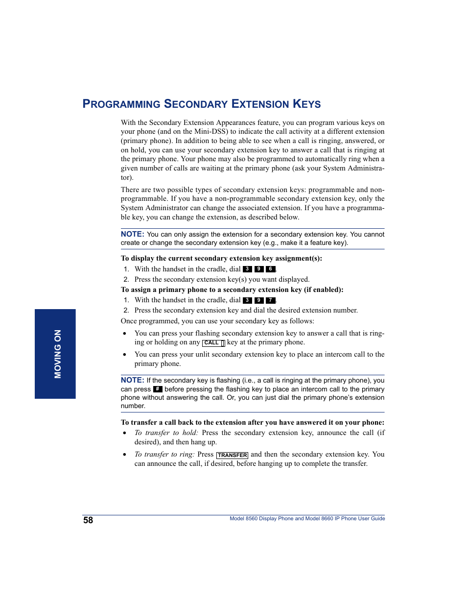 Programming secondary extension keys, Rogramming, Econdary | Xtension | Inter-Tel AXXESS 8560 User Manual | Page 68 / 92