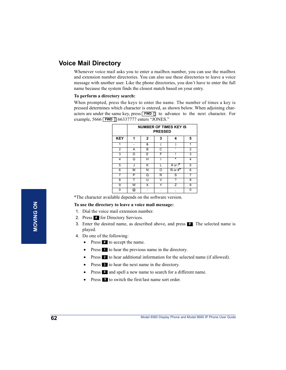 Voice mail directory, Moving on | Inter-Tel AXXESS 8560 User Manual | Page 72 / 92
